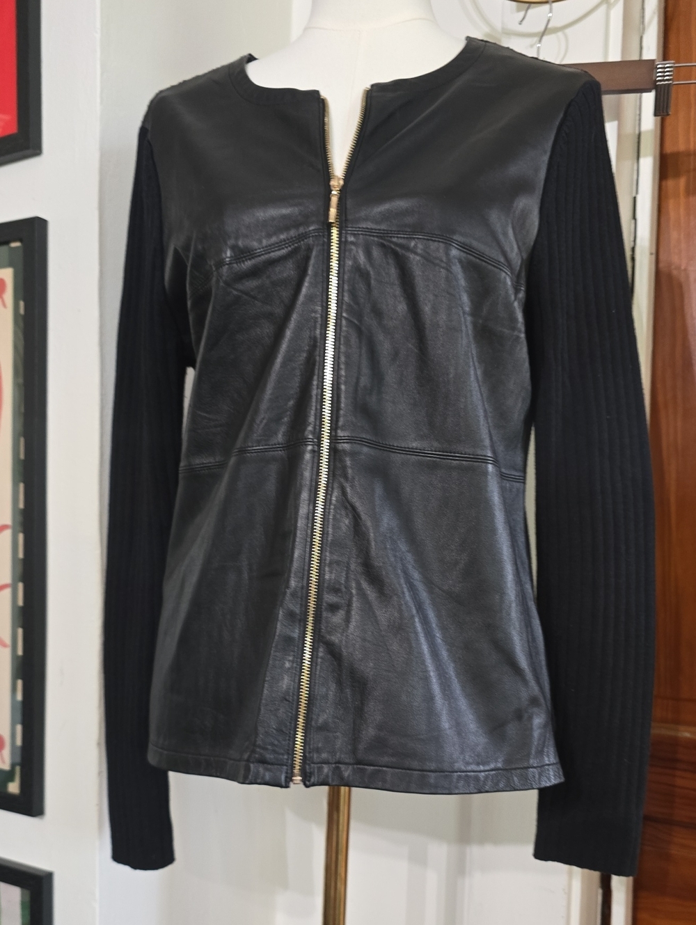 J. McLaughlin Black Leather & Knit Zip Jacket